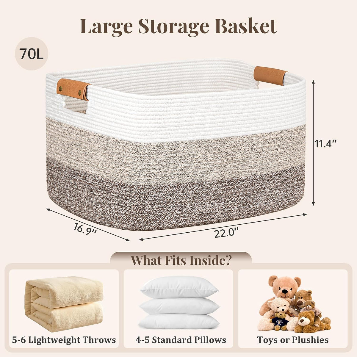 danpinera Blanket Basket, 72L Woven Storage basket with Leather Handle, Eco-friendly Decorative Storage Organization in Bathroom & Living Room for Towels 22 ''*17 ''*11.8 '', Gradient Brown