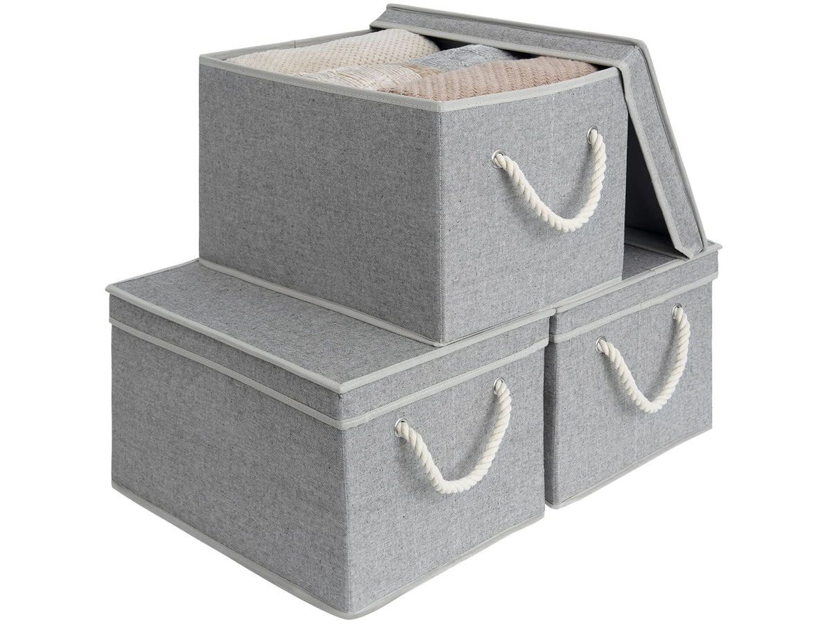 StorageWorks Storage Bins with Lids, Fabric Boxes for Closet, Slub White