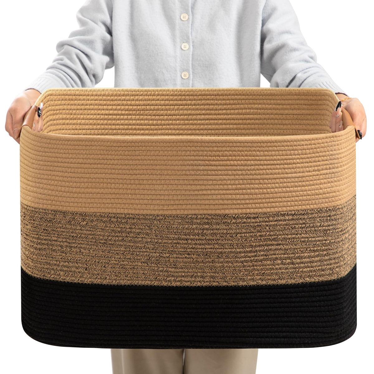 danpinera Blanket Basket, 72L Woven Storage basket with Leather Handle, Eco-friendly Decorative Storage Organization in Bathroom & Living Room for Towels 22 ''*17 ''*11.8 '', Gradient Brown