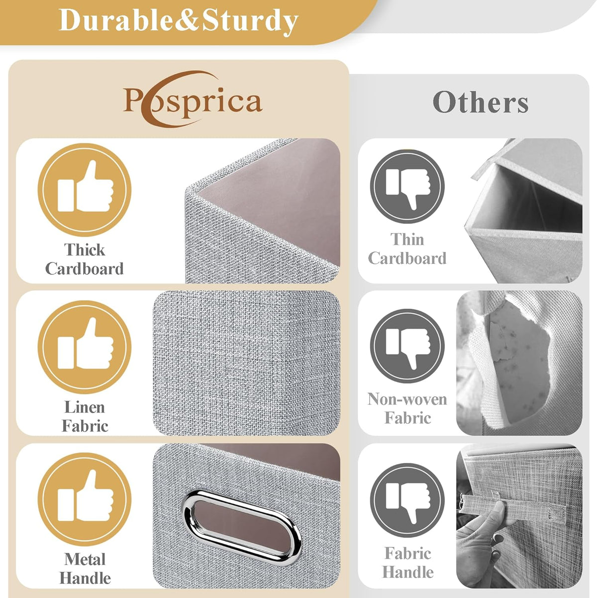 Posprica Closet Organizers and Storage, 4 Pack Large Linen Storage Bins, Decorative Shelf Storage Baskets for Organizing, Foldable Fabric Storage Box for Clothes, 15x10.5x8.25 Inch(Grey)