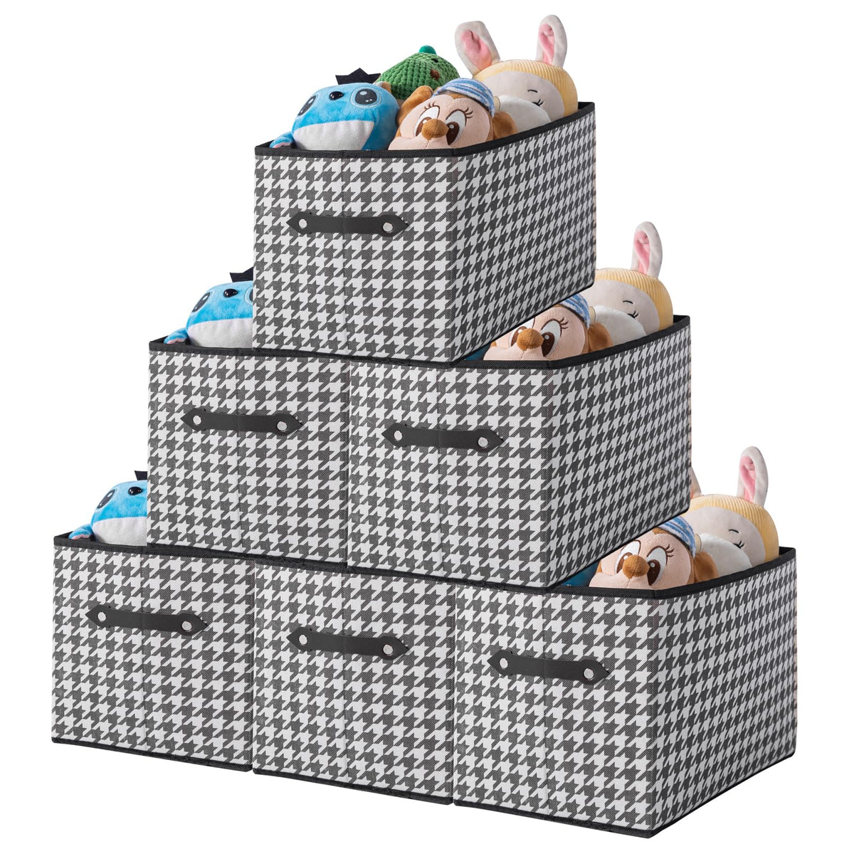 1 Pack Large Collapsible Storage Baskets for Shelves,14.9"x9.5" Fabric Closet storage Boxes with Leather Handles,Decorative Organizers Storage Bins for Clothes,Sheets,Books,(Purple Houndstooth