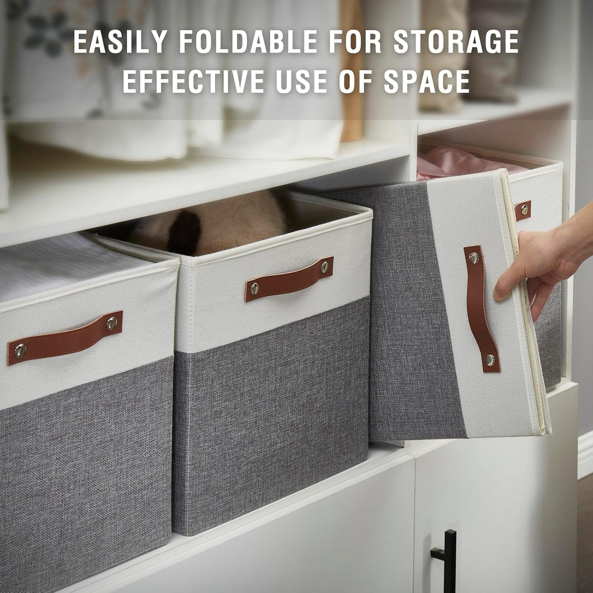 Bagnizer Collapsible Fabric Storage Cube Bins with 2 Reinforced PU Handles, Foldable Storage Organizer Baskets for Closet, Shelves, Living Room | 13"x13"x13", 4 Pack, Gray & White