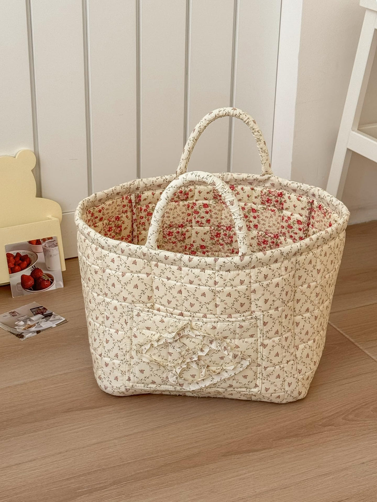 Storage Basket Boho Fabric Large Collapsible Floral Laundry Nursery Hamper Portable Folding Storage for Clothes Toys (Vine-Blue A)