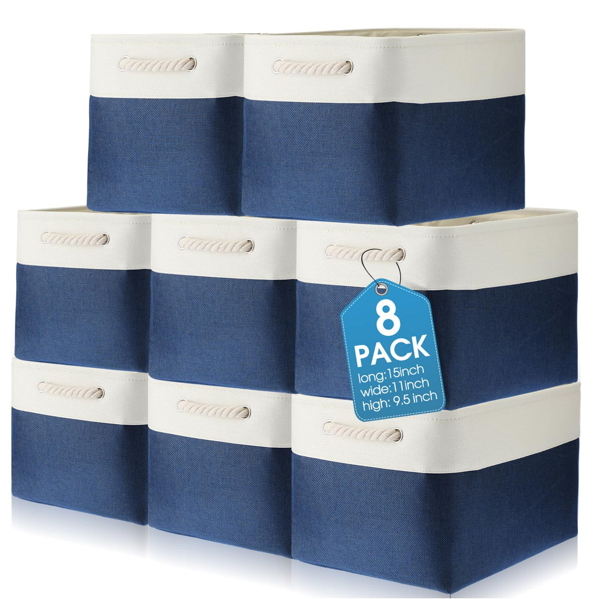 meekoo 8 Pack Fabric Storage Bins Baskets, 15 x 11 x 9.5 in, Gray White