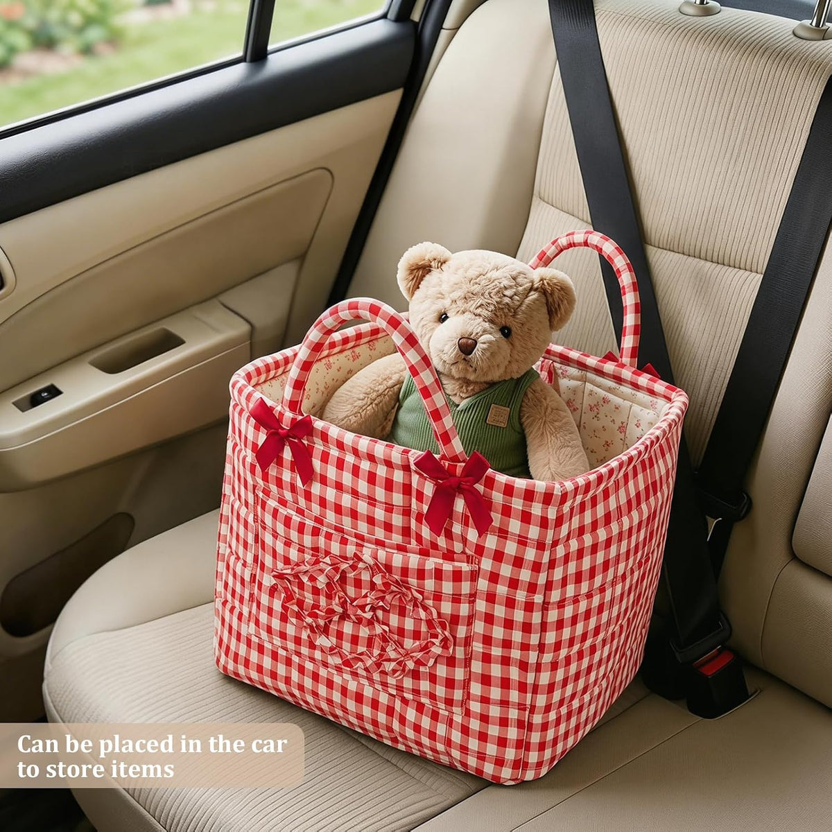 Floral Fabric Storage Basket Car Interior Storage Basket Underwear Sundries Laundry Baskets Supplies Home Organizer Bag (Red plaid)
