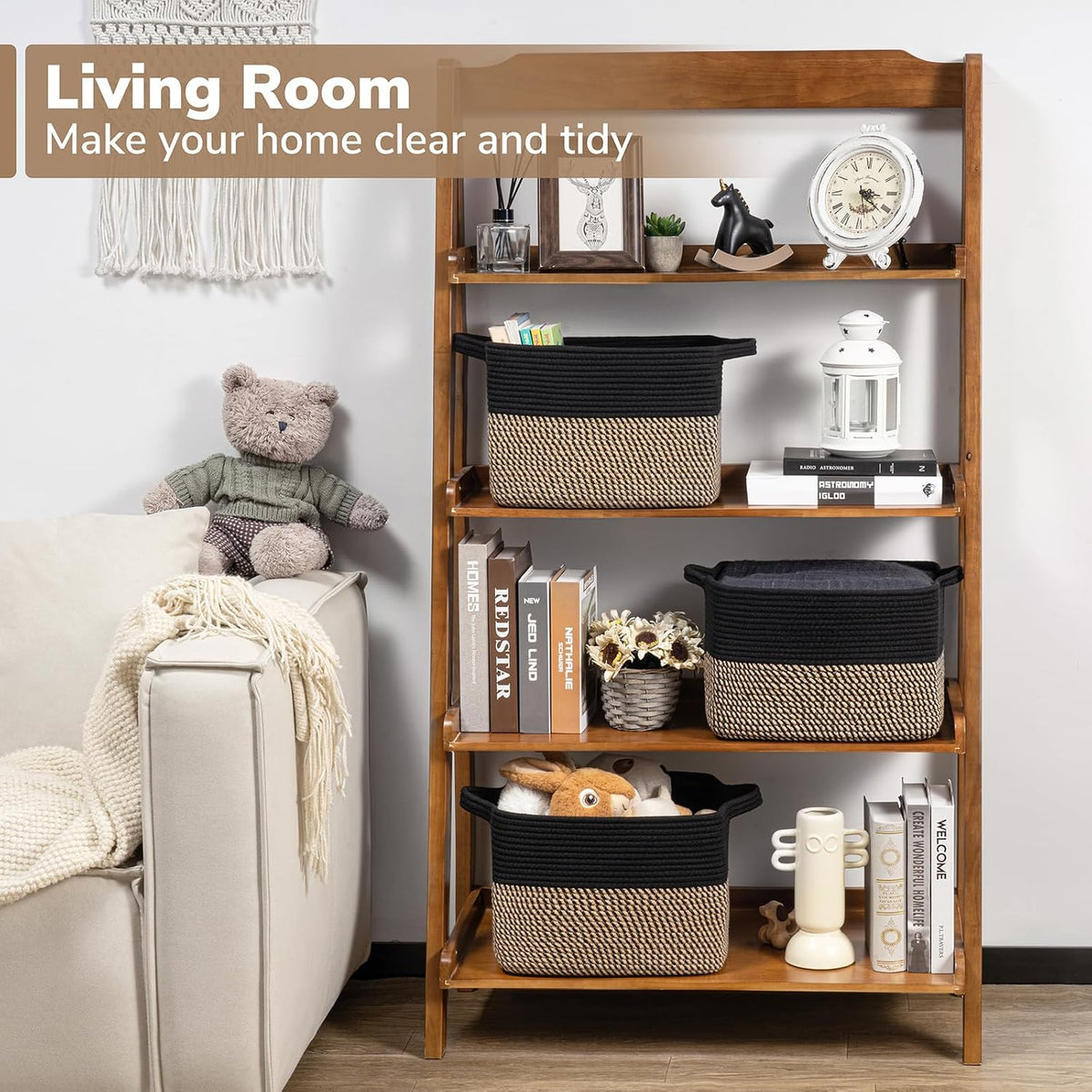 Goodpick Woven Storage Basket for Shelves, 13" x 10" x 9", Black Jute
