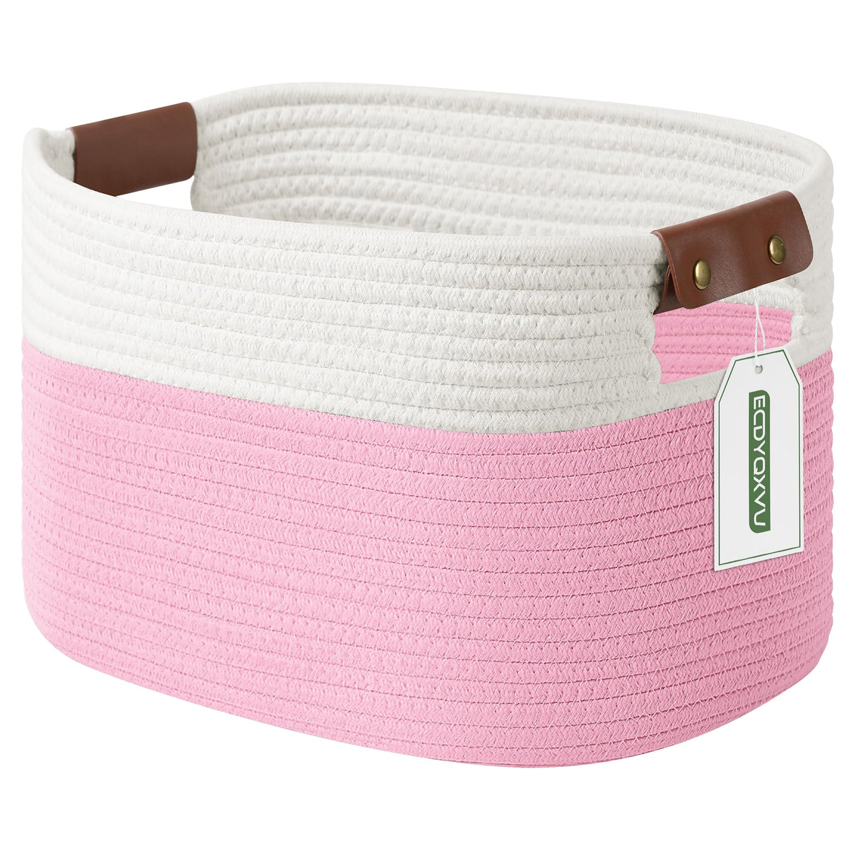 ECDYQXVU 15x10x9 Woven Cotton Rope Storage Basket, Leather Handles 1 Pack