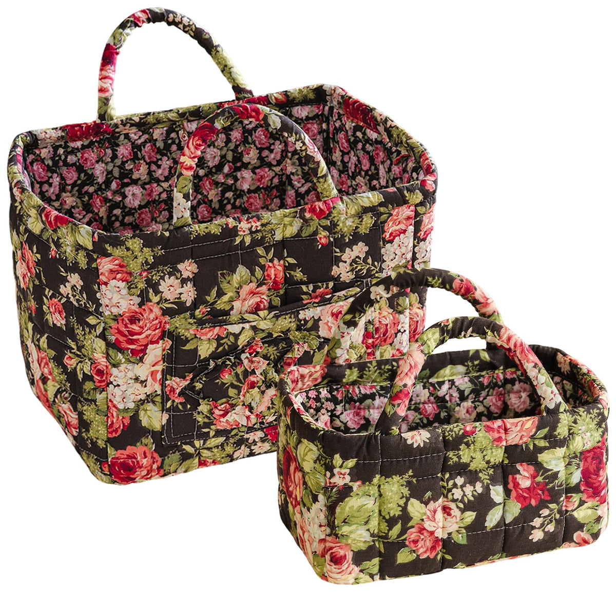 vctops 2 Pack Boho Fabric Quilted Storage Baskets for Organizing, Basket Organizer Gift Basket with Handles, Storage Bins for Toys, Books, Towels, and Clothes, Collapsible Fabric(Floral A)
