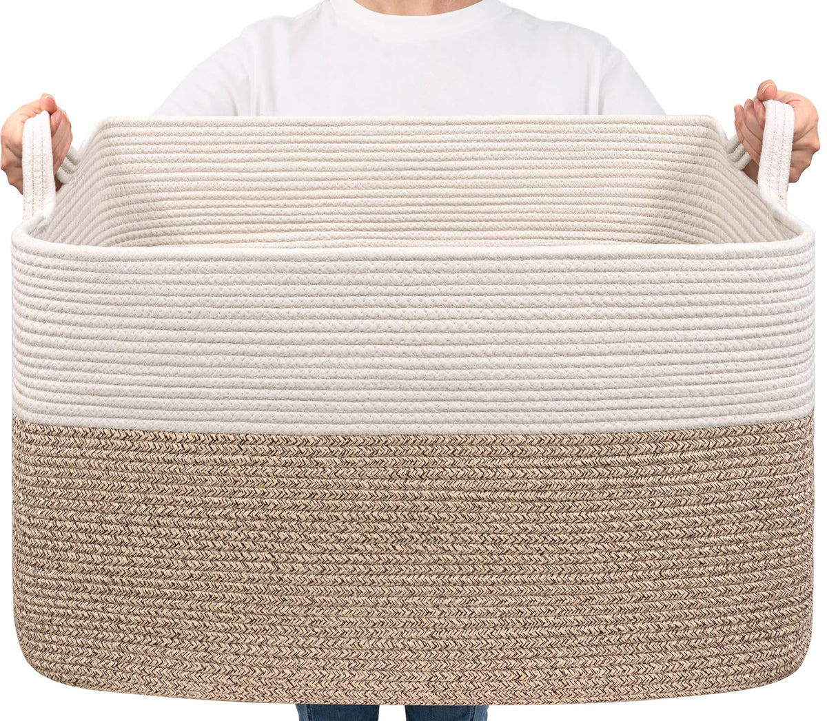 Goodpick Large Woven Rope Blanket Basket, Rectangle, White & Light Brown