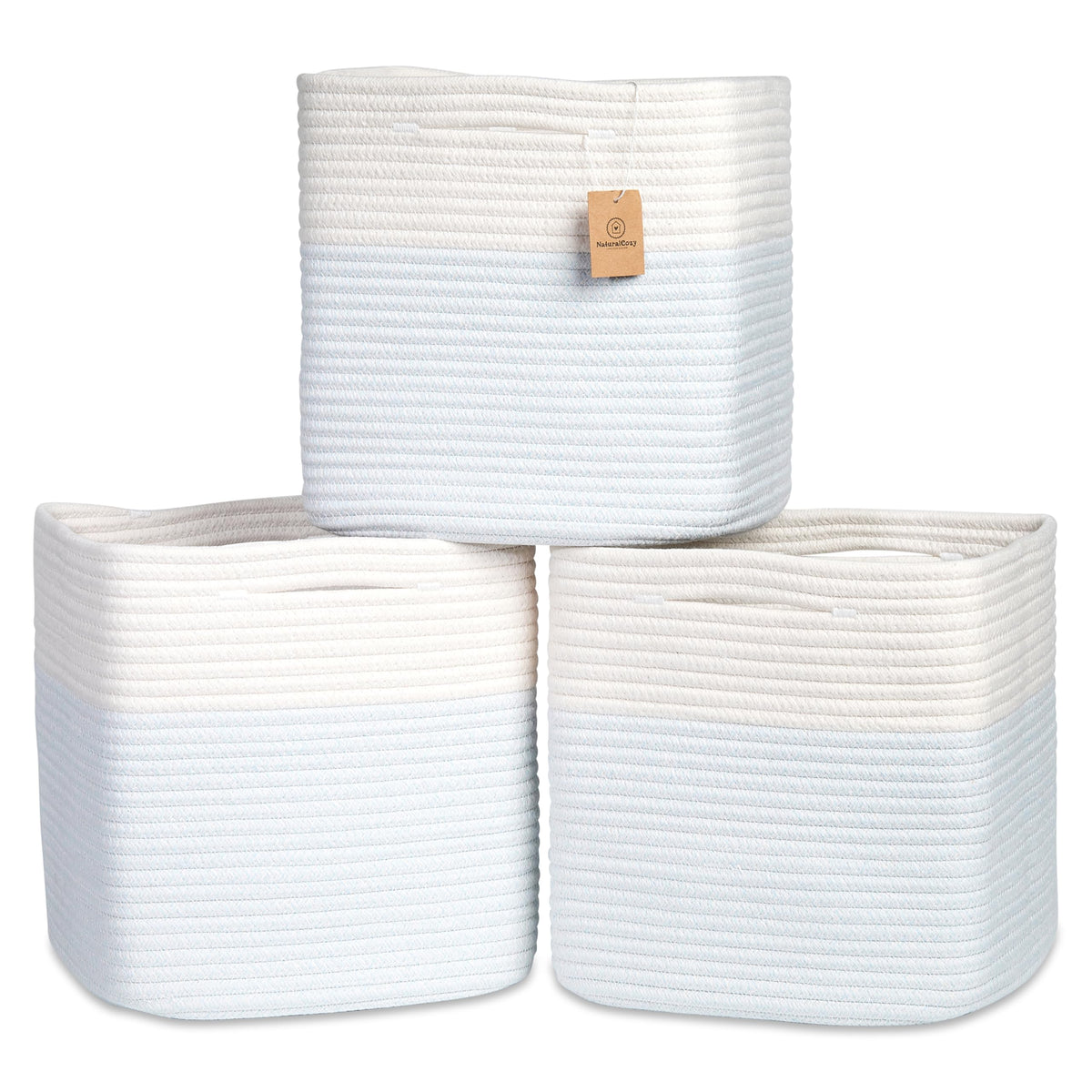 NaturalCozy 13 Inch Cube Storage Bins Cotton Rope Woven Baskets for Organizing 3-Pack | 13 x 13 Storage Cubes | Fabric Square Storage Baskets for Shelves Organizer, Kids Toy Bins, Closet Baby Nursery