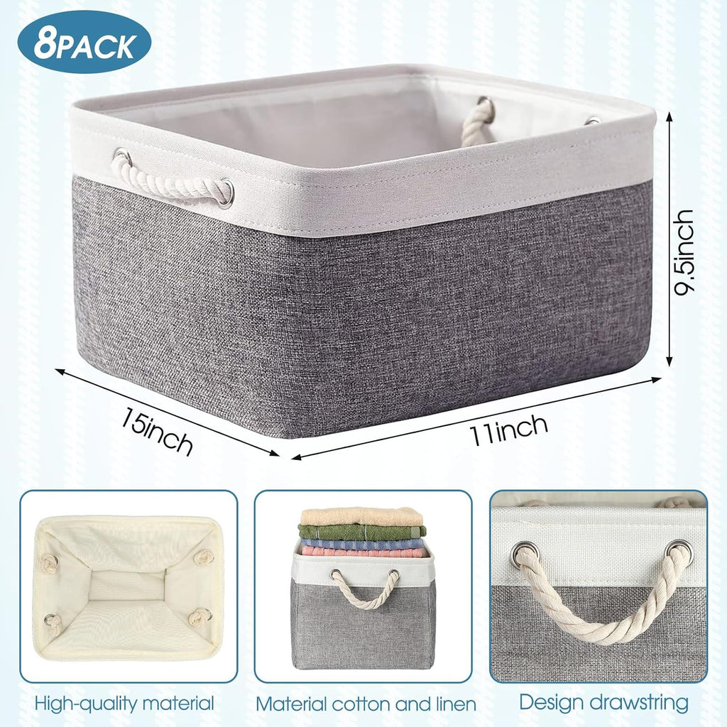 meekoo 8 Pack Fabric Storage Bins Baskets, 15 x 11 x 9.5 in, Gray White