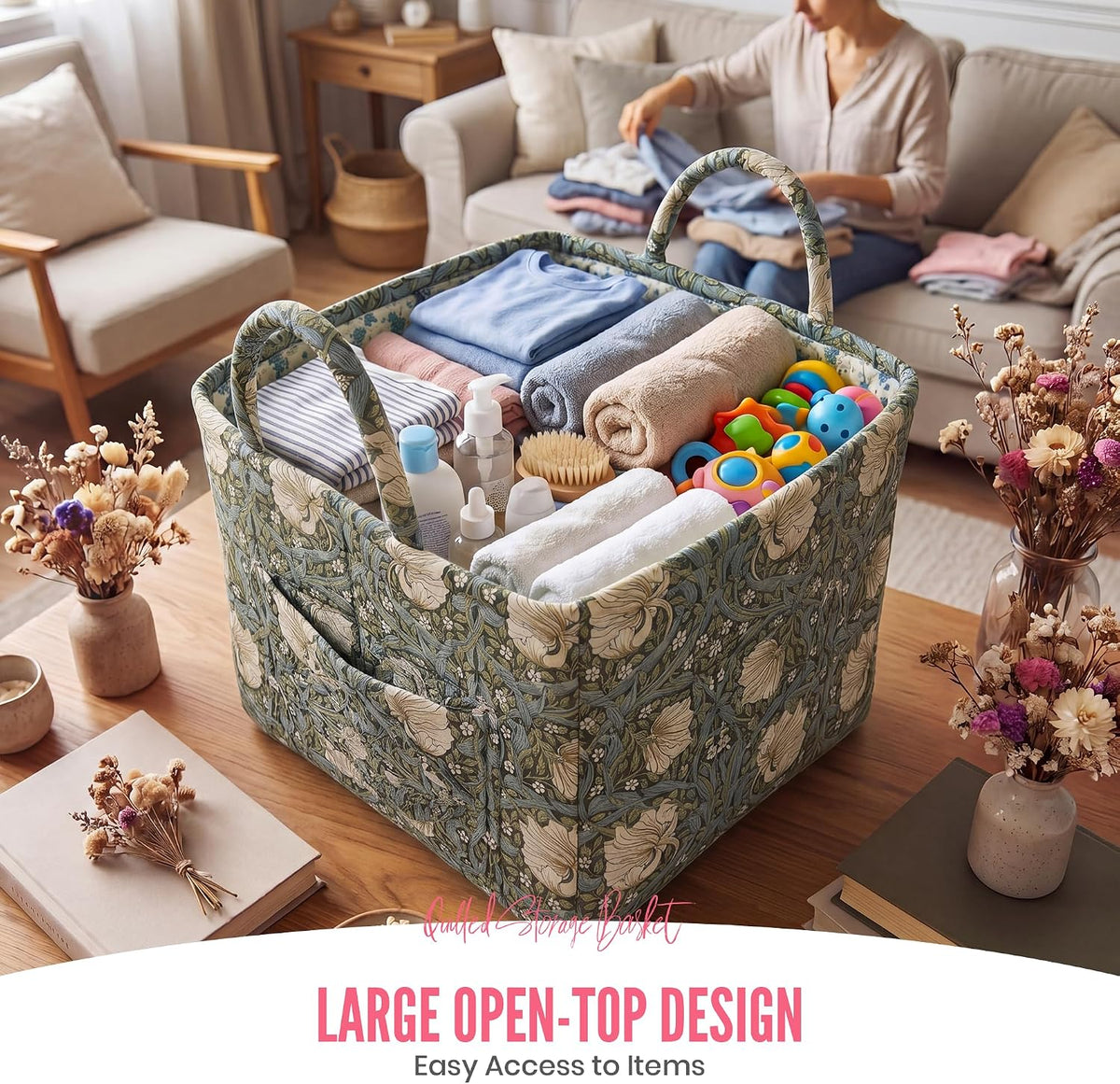 Quilted Laundry Basket with Handles, 1.2cm Thick Padded Fabric Car Storage Basket for Organizing Clothes, Boho Floral Collapsible Home Storage Hamper, 13x10x10.6 Inches (4 Color Options)