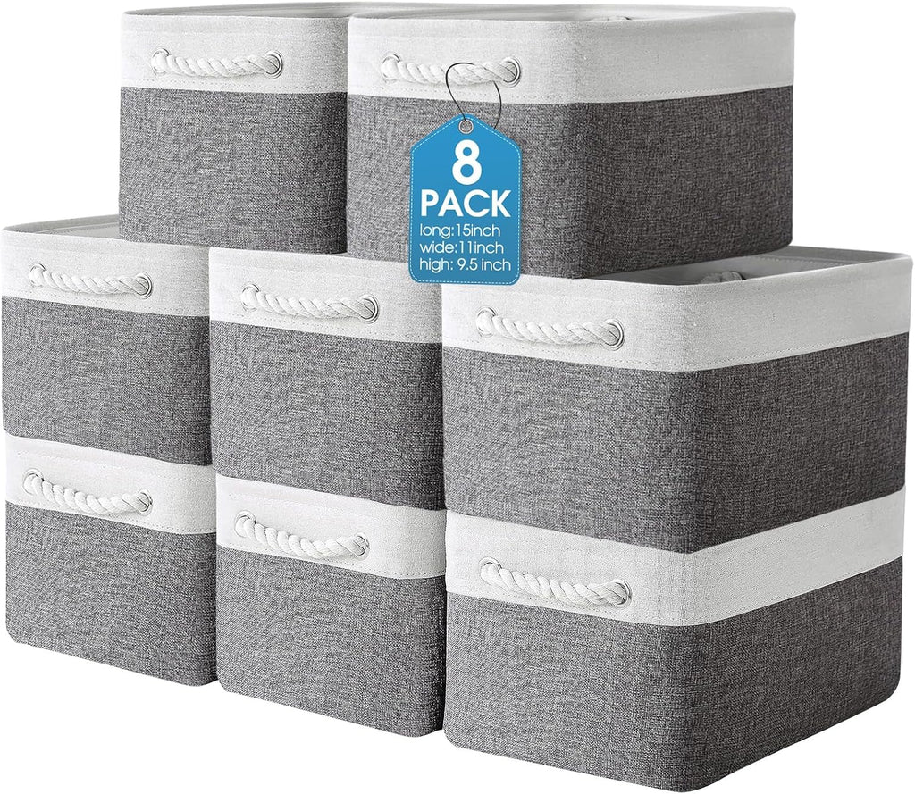 meekoo 8 Pack Fabric Storage Bins Baskets, 15 x 11 x 9.5 in, Gray White