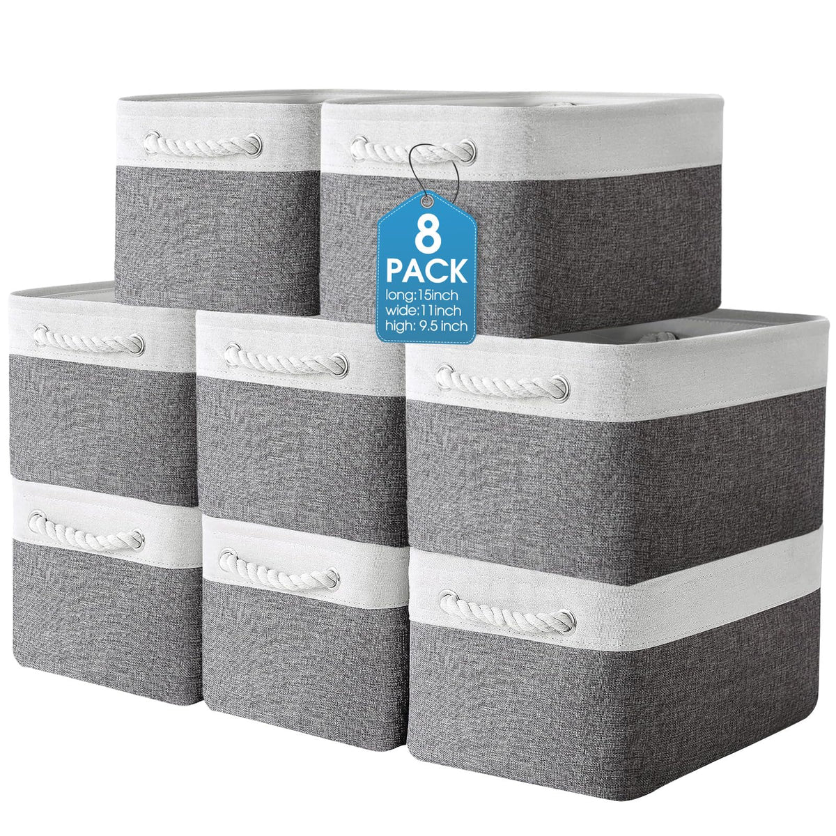 meekoo 8 Pack Fabric Storage Bins Baskets, 15 x 11 x 9.5 in, Gray White
