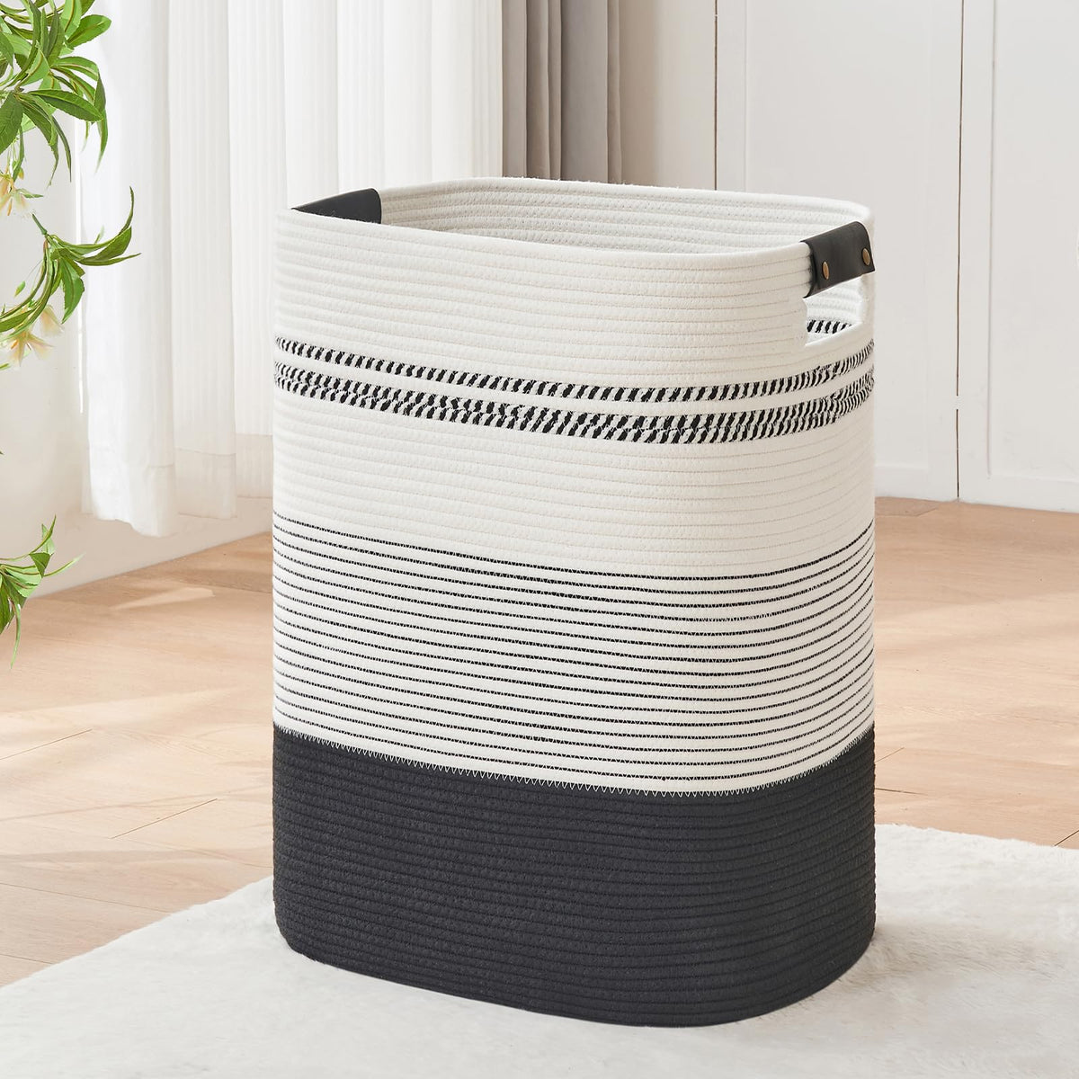 Large Laundry Hamper Basket, 85L Cotton Rope Woven Storage Bin for Blankets, Dirty Clothes Toys, Decorative Tall Basket with Leather Handles for Living Room, Bedroom, Bathroom, Nursery, Jute