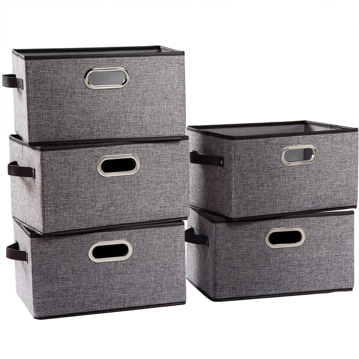 PRANDOM Large Foldable Storage Bins for Shelves [3-pack] Decorative Linen Fabric Storage Baskets Cubes with Leather/Metal Handles for Closet Nursery Office Grey and Black Trim (14.9x9.8x8.3 Inch)