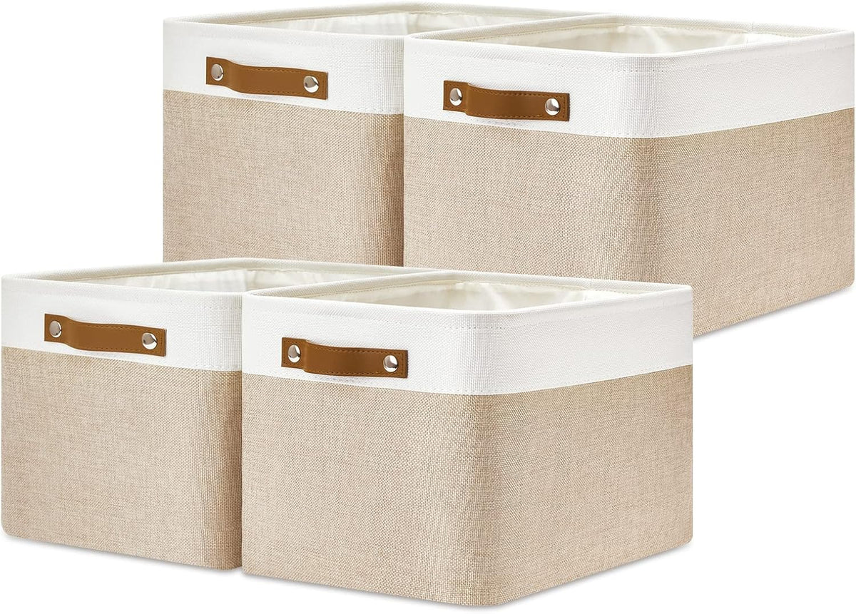 DULLEMELO Fabric Storage Bins for Laundry, Home, Foldable Storage Baskets for Shelves, Toys, Collapsible Storage Bins for Office, Closet,Bedroom(White&Khaki,L-15"x11"x9.5",4-Pack)
