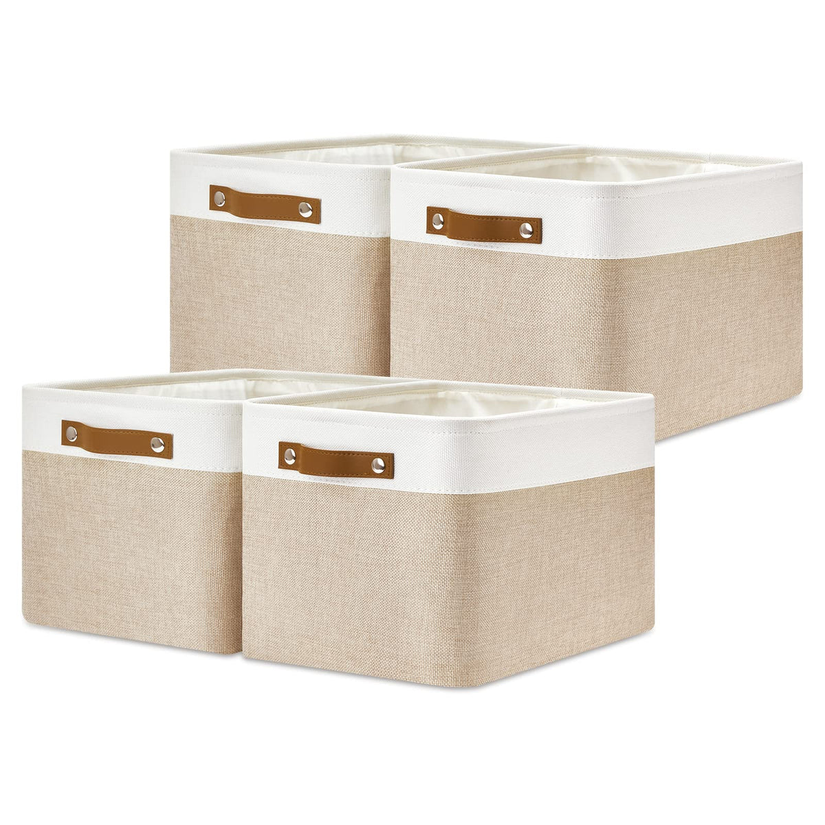 DULLEMELO Fabric Storage Bins for Laundry, Home, Foldable Storage Baskets for Shelves, Toys, Collapsible Storage Bins for Office, Closet,Bedroom(White&Khaki,L-15"x11"x9.5",4-Pack)