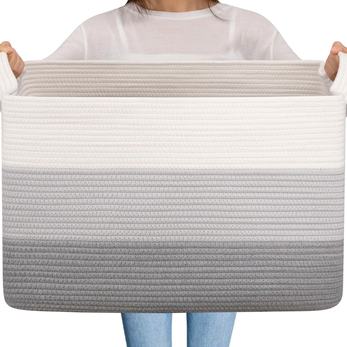 OIAHOMY Large Blanket Basket, 65L Cotton Rope Woven Laundry Basket, Toy Bin for Baby Room, Container for Blanket Storage in Living Room, 20''×16''×12'', Gradient Brown