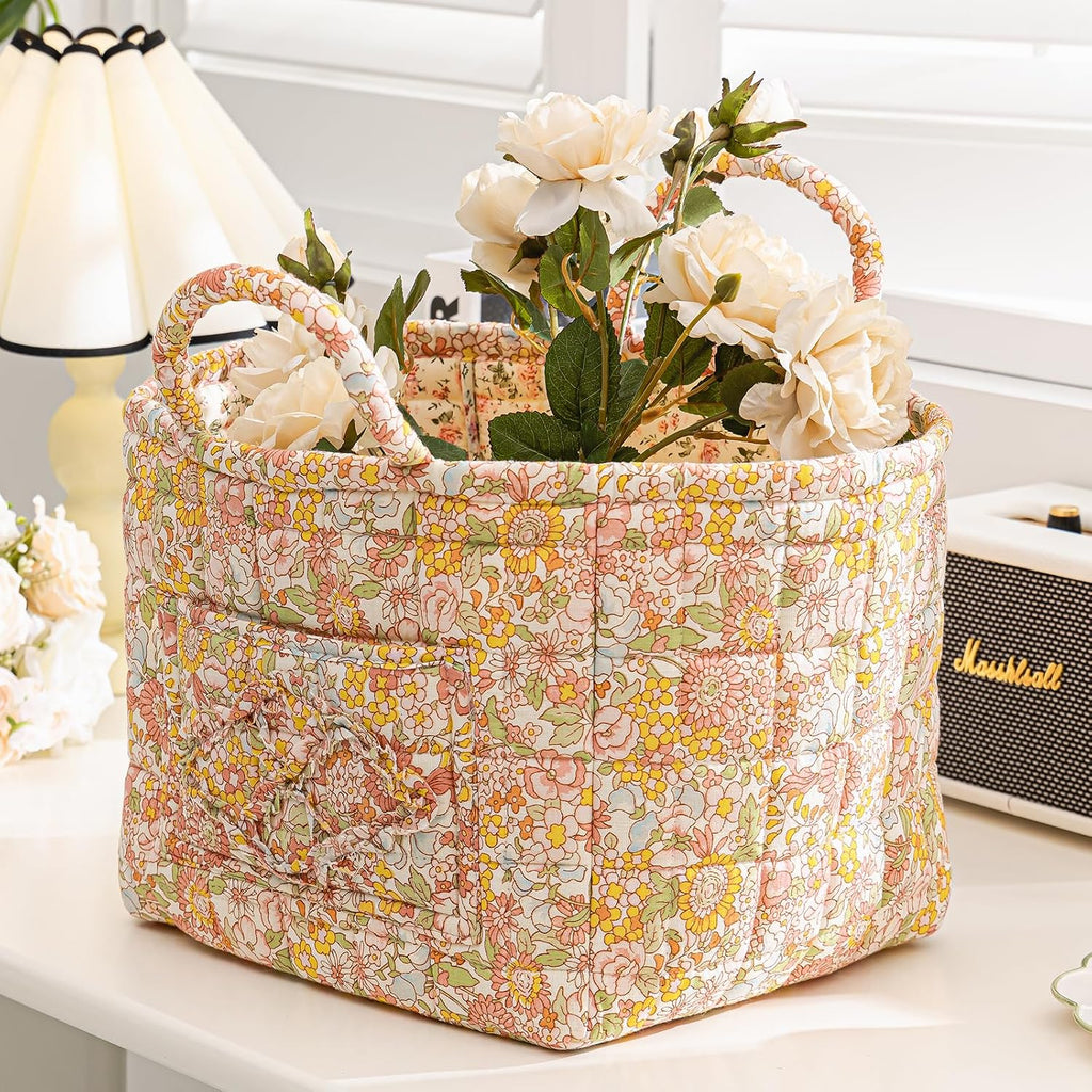 vctops Boho Fabric Quilted Storage Basket for Organizing, Basket Organizer Gift Baskets with Handles, Storage Bins for Toys, Books, Towels, and Clothes, Collapsible Fabric(Pattern F,13"x10.6"x10")