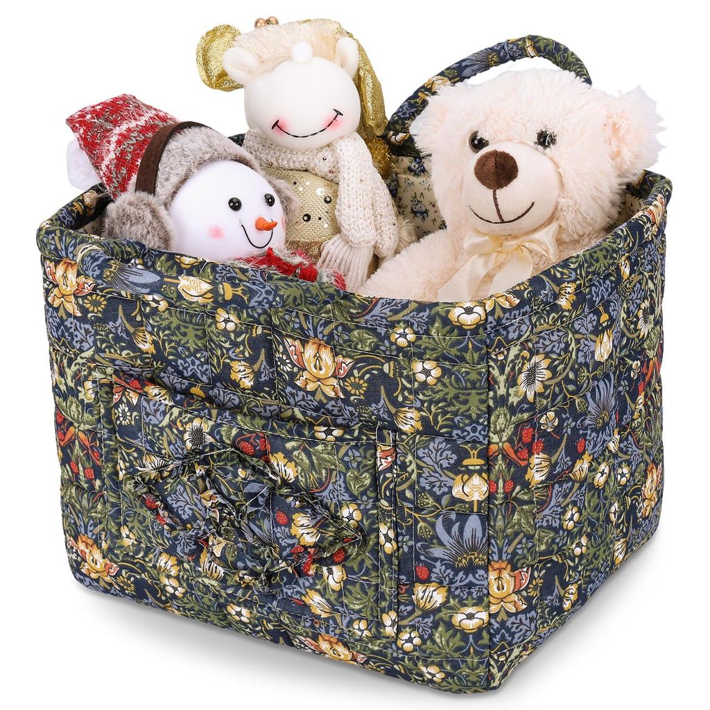 Storage Basket Boho Fabric Large Collapsible Floral Laundry Nursery Hamper Portable Folding Storage for Clothes Toys (Vine-Blue A)
