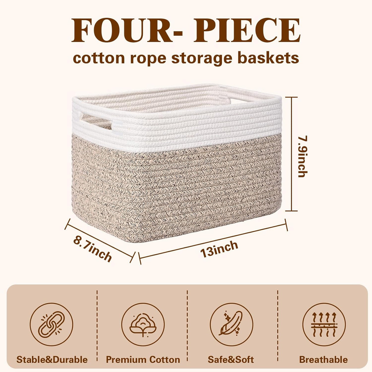 Storage Baskets for Organizing, 4 Pack Baskets for Shelves, Decorative Storage Bins for Shelves, Cotton Rope Storage Basket with Handles, Woven Basket for Storage, 13''Lx8.7''Wx7.9''H, White & Brown