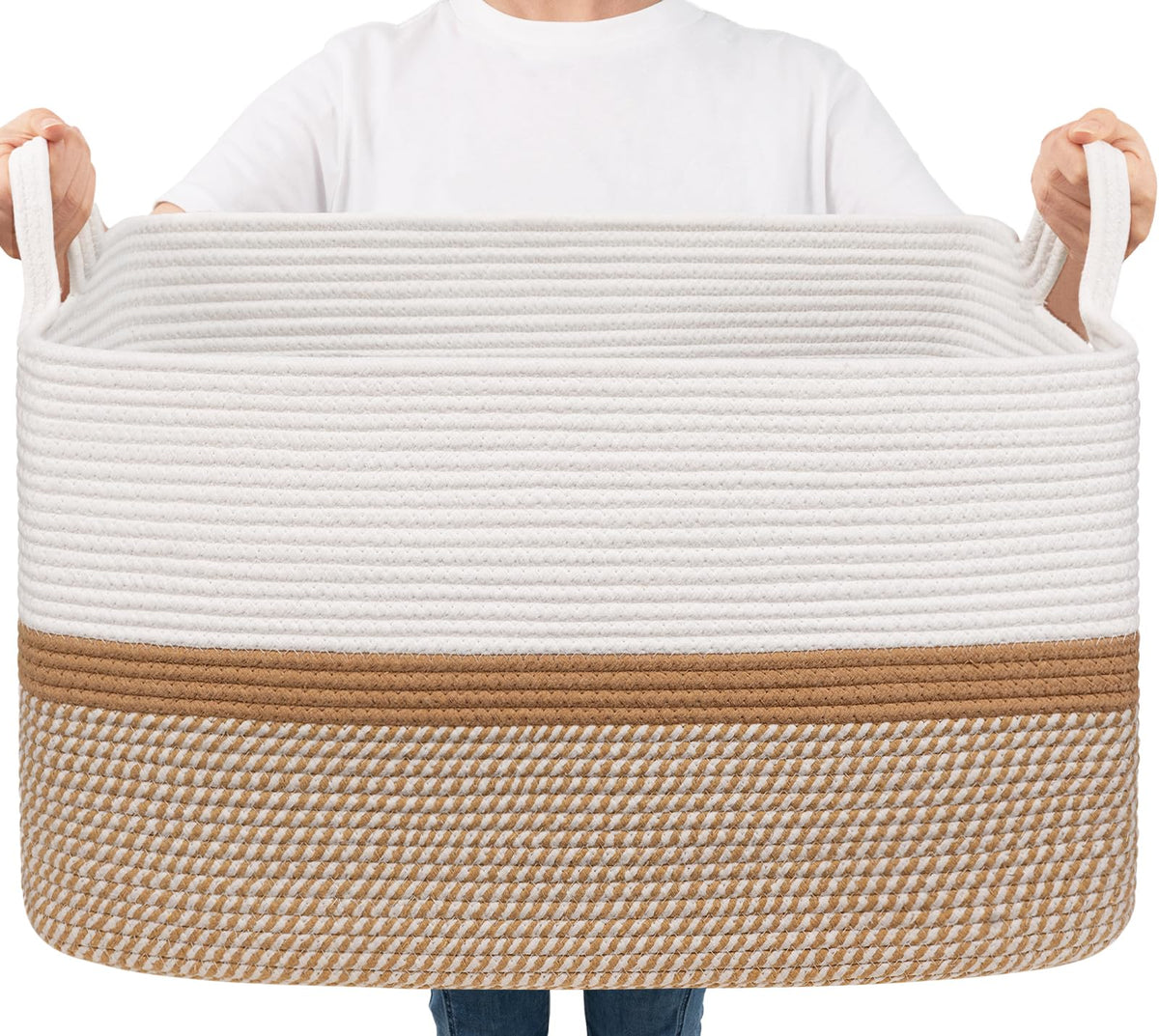 Goodpick Large Woven Rope Blanket Basket, Rectangle, White & Light Brown