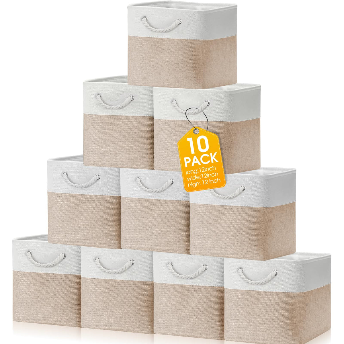 FoldTier 10 Pack Large Collapsible Fabric Storage Baskets with Handles Decorative Storage Bins for Organizing Shelves Toys Clothes(White & Beige,16 x 12 x 10 Inches)