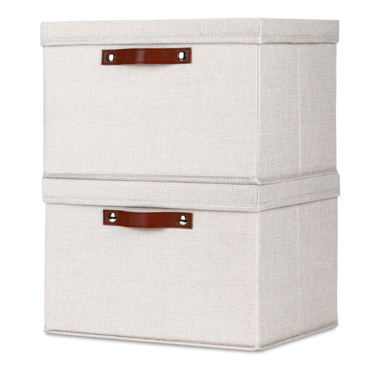 Temary Foldable Storage Bins with Lids, [2-Pack] Large Storage Baskets with Lid, Fabric Storage Bin for Organizing Home (White & Khaki, 15x11x9.5inch)