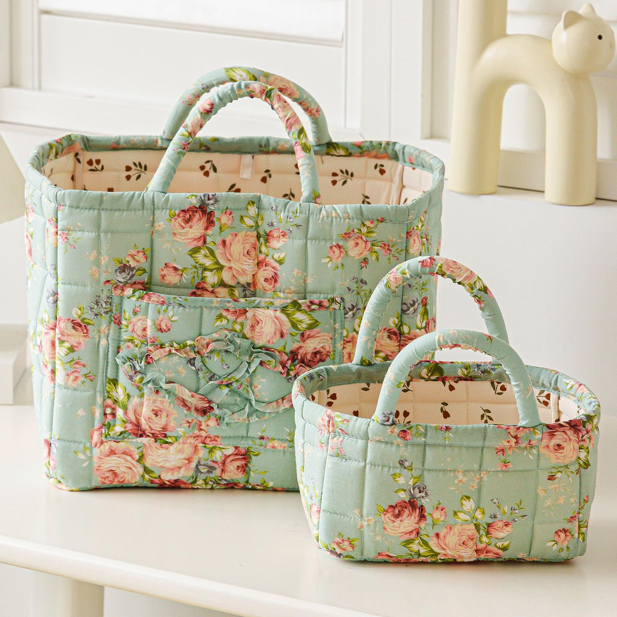 vctops 2 Pack Boho Fabric Quilted Storage Baskets for Organizing, Basket Organizer Gift Basket with Handles, Storage Bins for Toys, Books, Towels, and Clothes, Collapsible Fabric(Floral A)