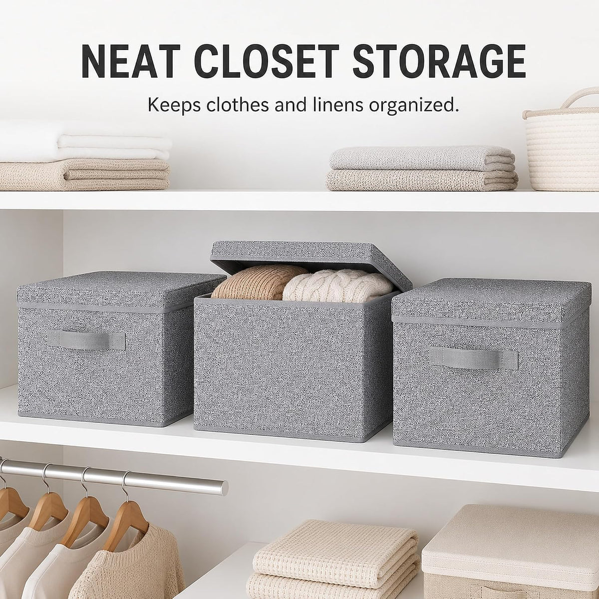 WUIKE Storage Bins with Lids, Decorative Boxes, Ash Gray, Large, 3-Pack