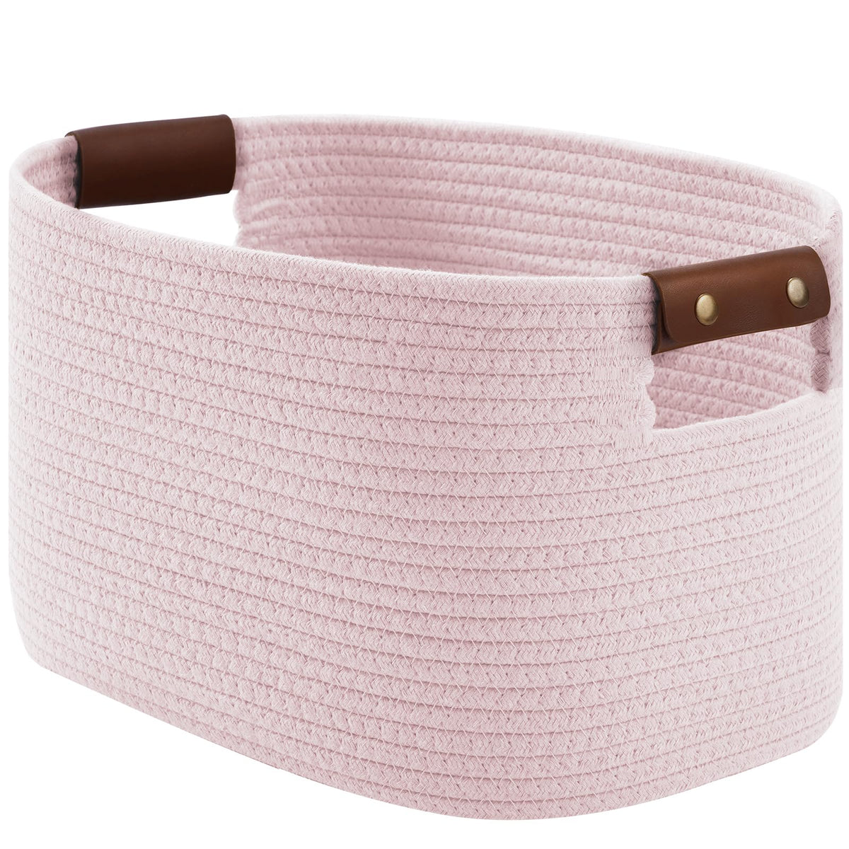 ECDYQXVU 15x10x9 Woven Cotton Rope Storage Basket, Leather Handles 1 Pack