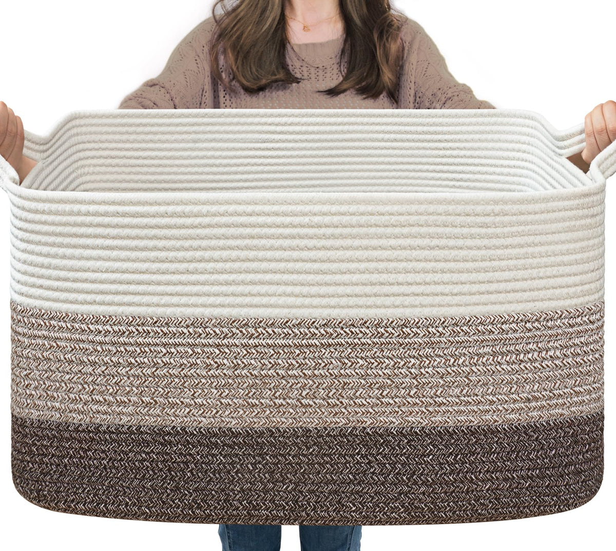 Goodpick Large Woven Rope Blanket Basket, Rectangle, White & Light Brown