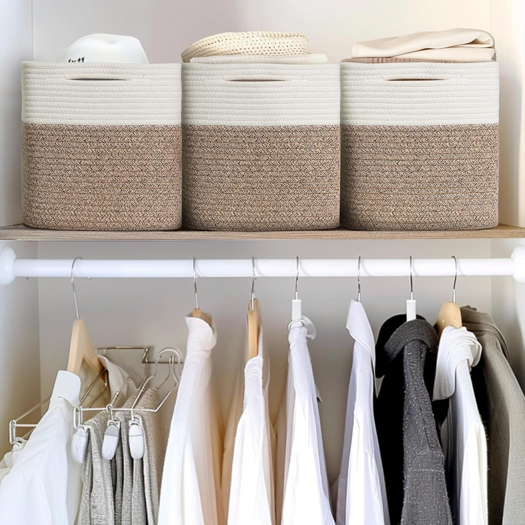 11x11 Cube Storage Bin - 3 Pack Woven Storage Cubes Organizer, 11 Inch Cotton Rope Baskets for Organizing, Square Baskets for Shelves, Baby Nursery Closet Bins, Cubby Toy Box Organizer