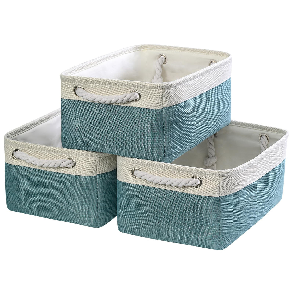 TheWarmHome Storage Basket for Organizing - Medium 3 Pack 14x10x7 inch Fabric Storage Cubes for Shelves with Rope, Collapsible Storage Bin for Organizer Closet Cloth Gift Toy (White & Jean Blue)