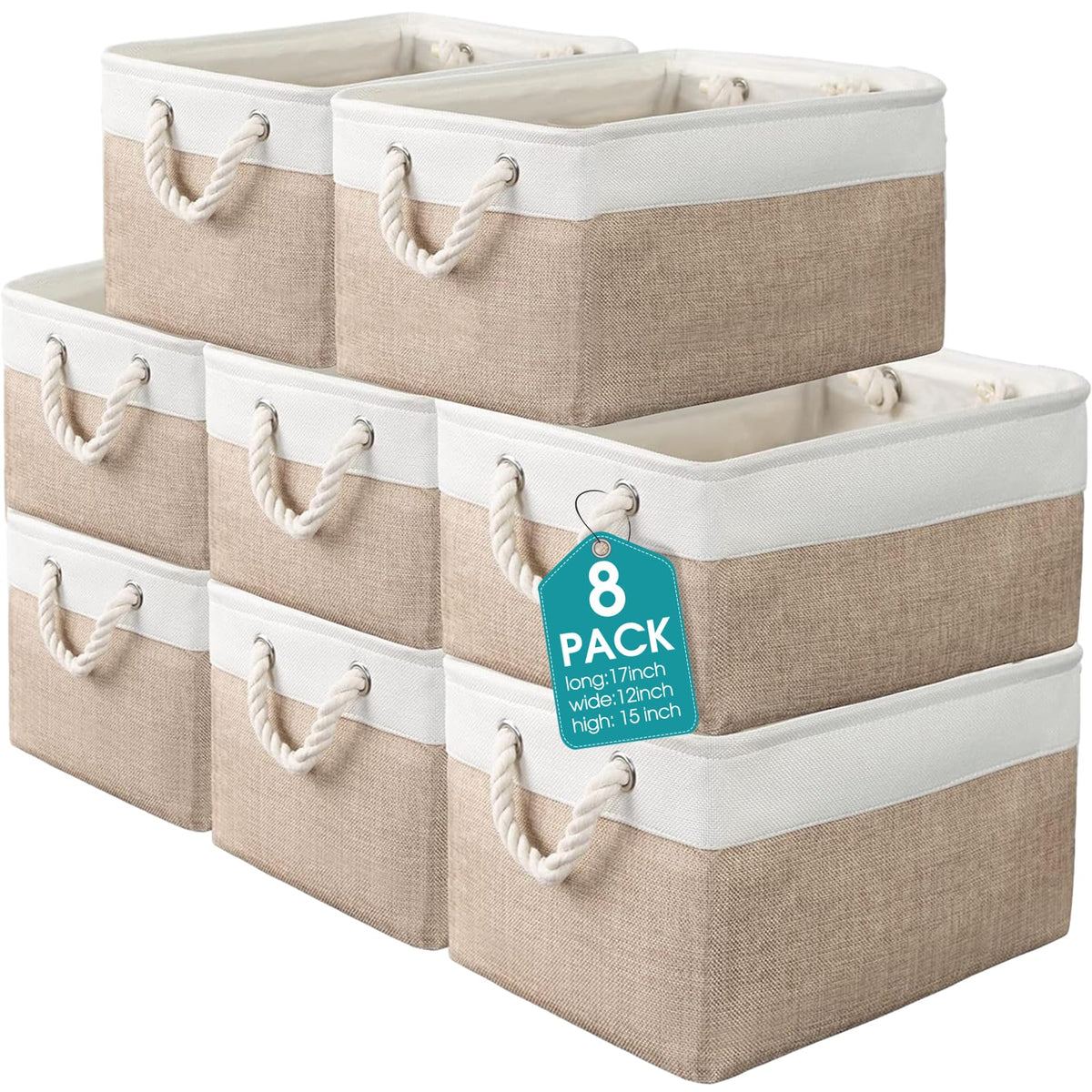 meekoo 8 Pack Fabric Storage Bins Baskets, 15 x 11 x 9.5 in, Gray White