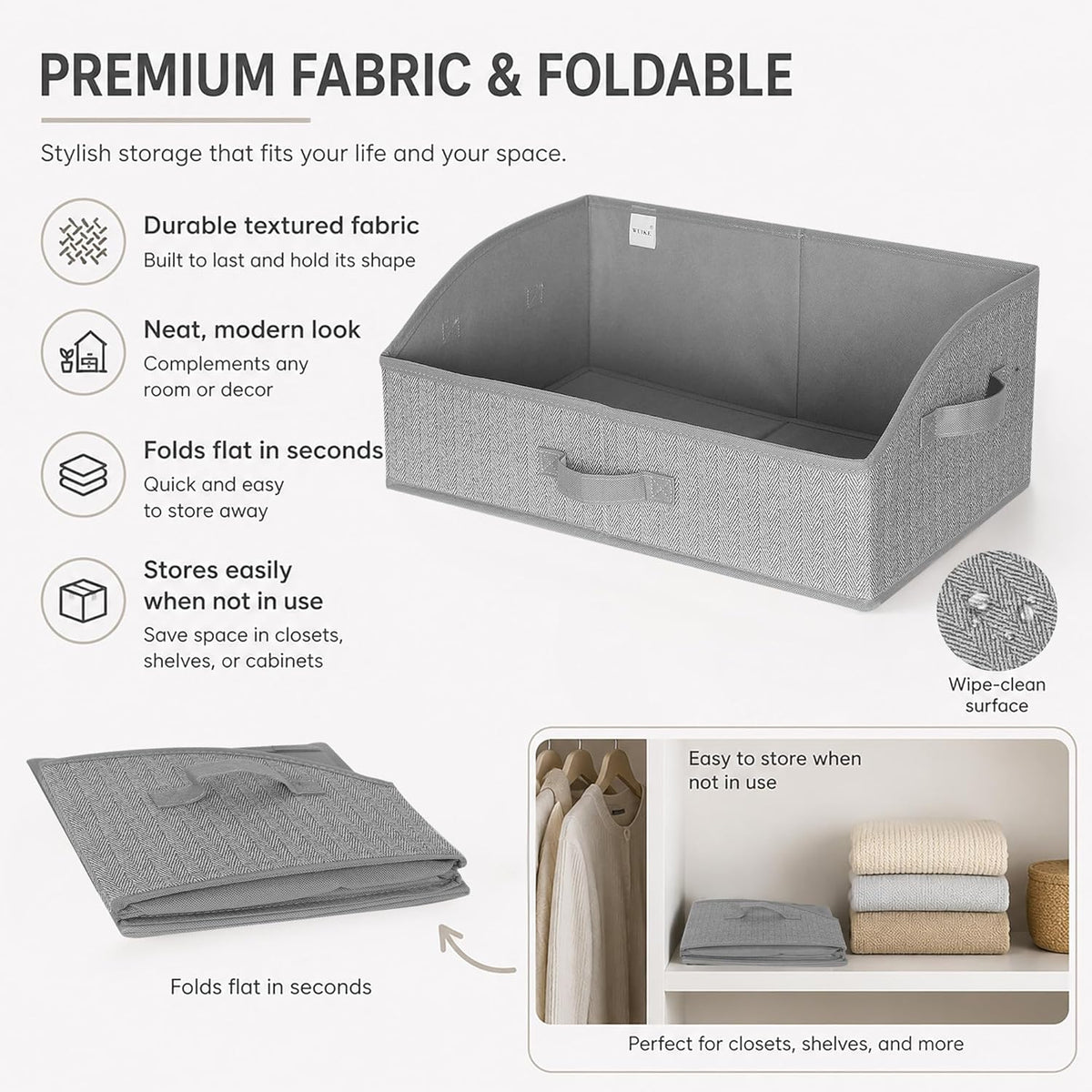 WUIKE Trapezoid Closet Storage Bins, Herringbone Gray, Extra Large, 3-Pack