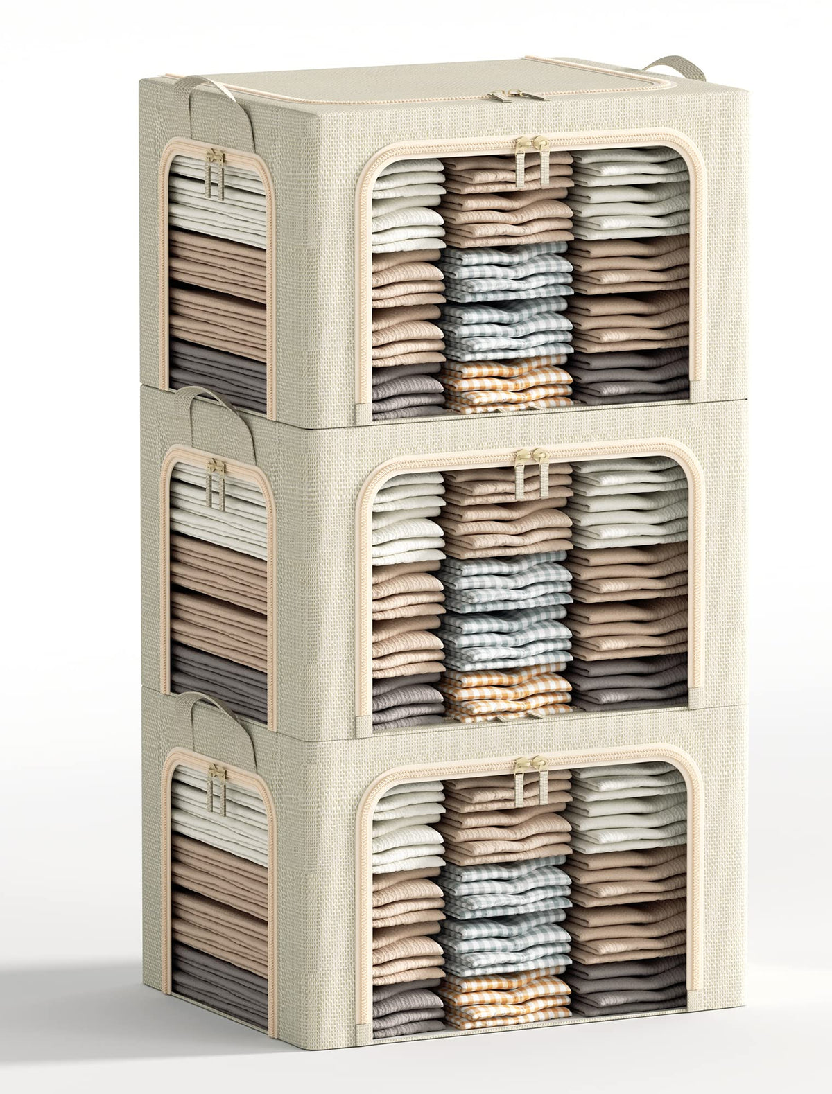 3 Openings Clothes Storage Bins with Metal Frame, Foldable Storage Bin for Clothes, Clothing Storage Bins with Lid, Linen Storage Box With Clear Window＆ Zippers＆ Durable Handles.(3 Pcs,Light Grey,40L)