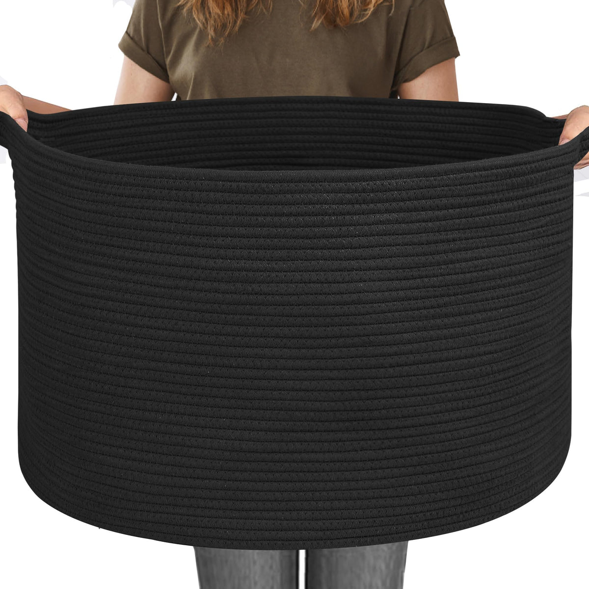 MEGASKET Large Black Blanket Basket, 22" X 22" X 14" Woven Rope Bin for Storage, Kids Dog Toy Storage Box Organizer Bins, Blanket Holder for Living Room, Decorative Wicker Basket for Organizing