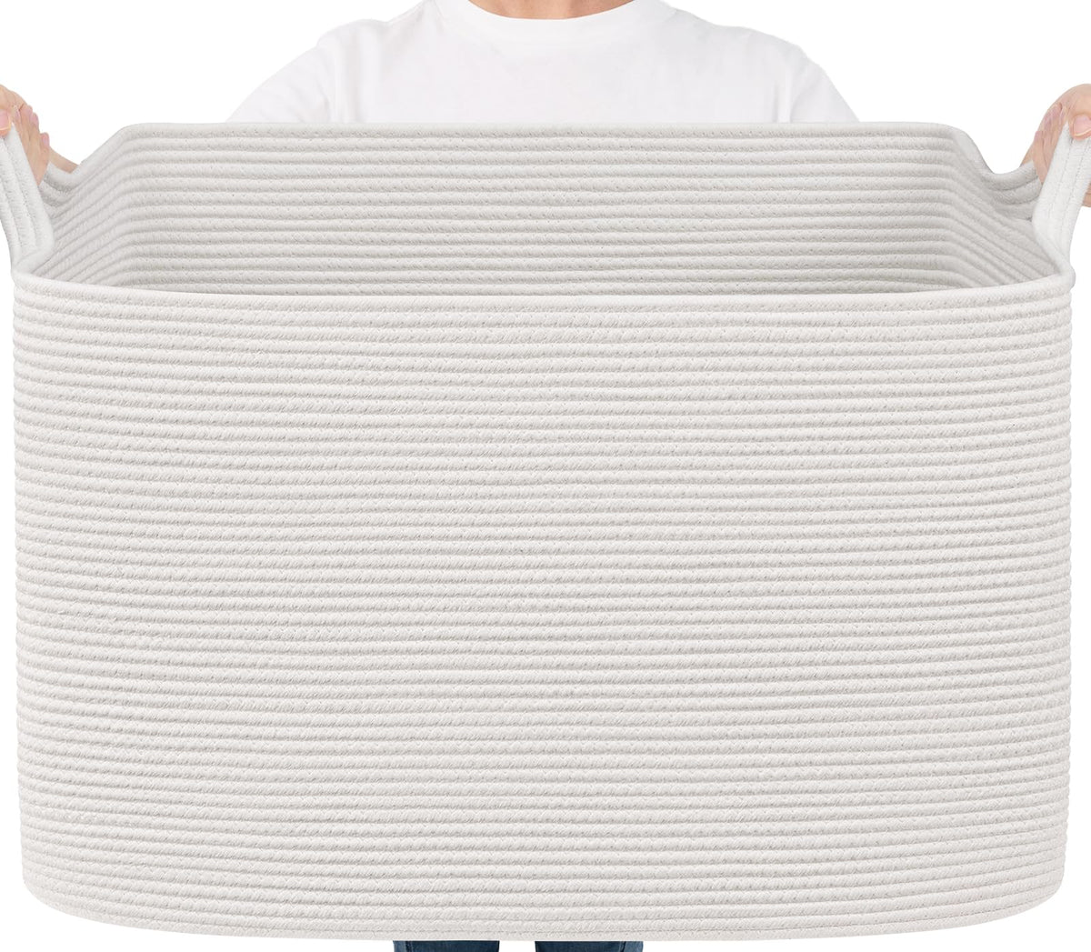 Goodpick Large Woven Rope Blanket Basket, Rectangle, White & Light Brown