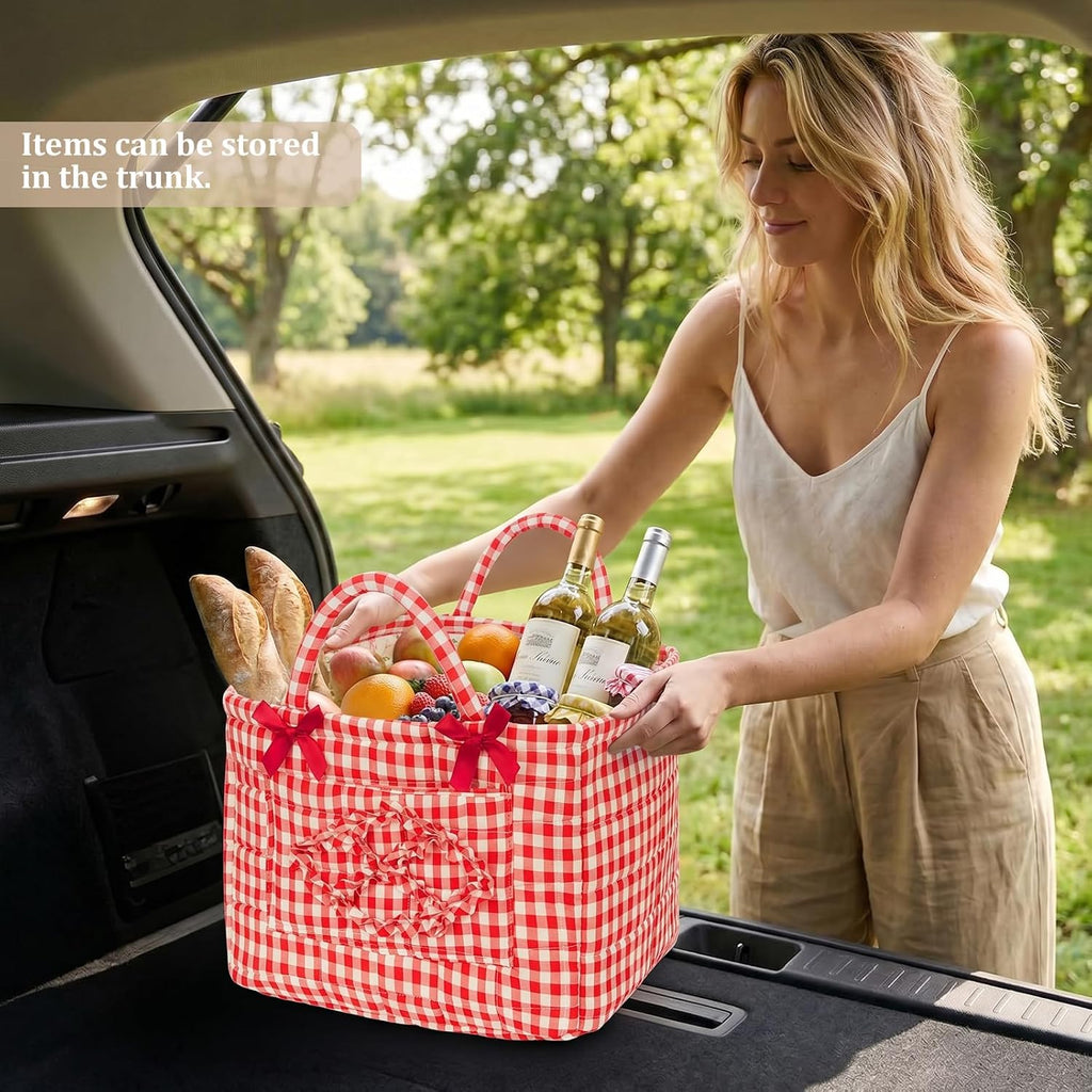Floral Fabric Storage Basket Car Interior Storage Basket Underwear Sundries Laundry Baskets Supplies Home Organizer Bag (Red plaid)