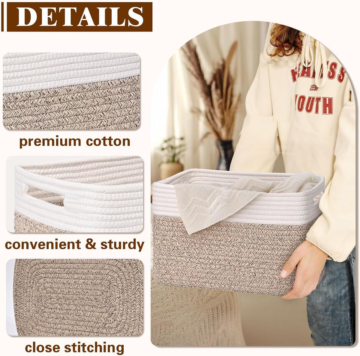 Storage Baskets for Organizing, 4 Pack Baskets for Shelves, Decorative Storage Bins for Shelves, Cotton Rope Storage Basket with Handles, Woven Basket for Storage, 13''Lx8.7''Wx7.9''H, White & Brown