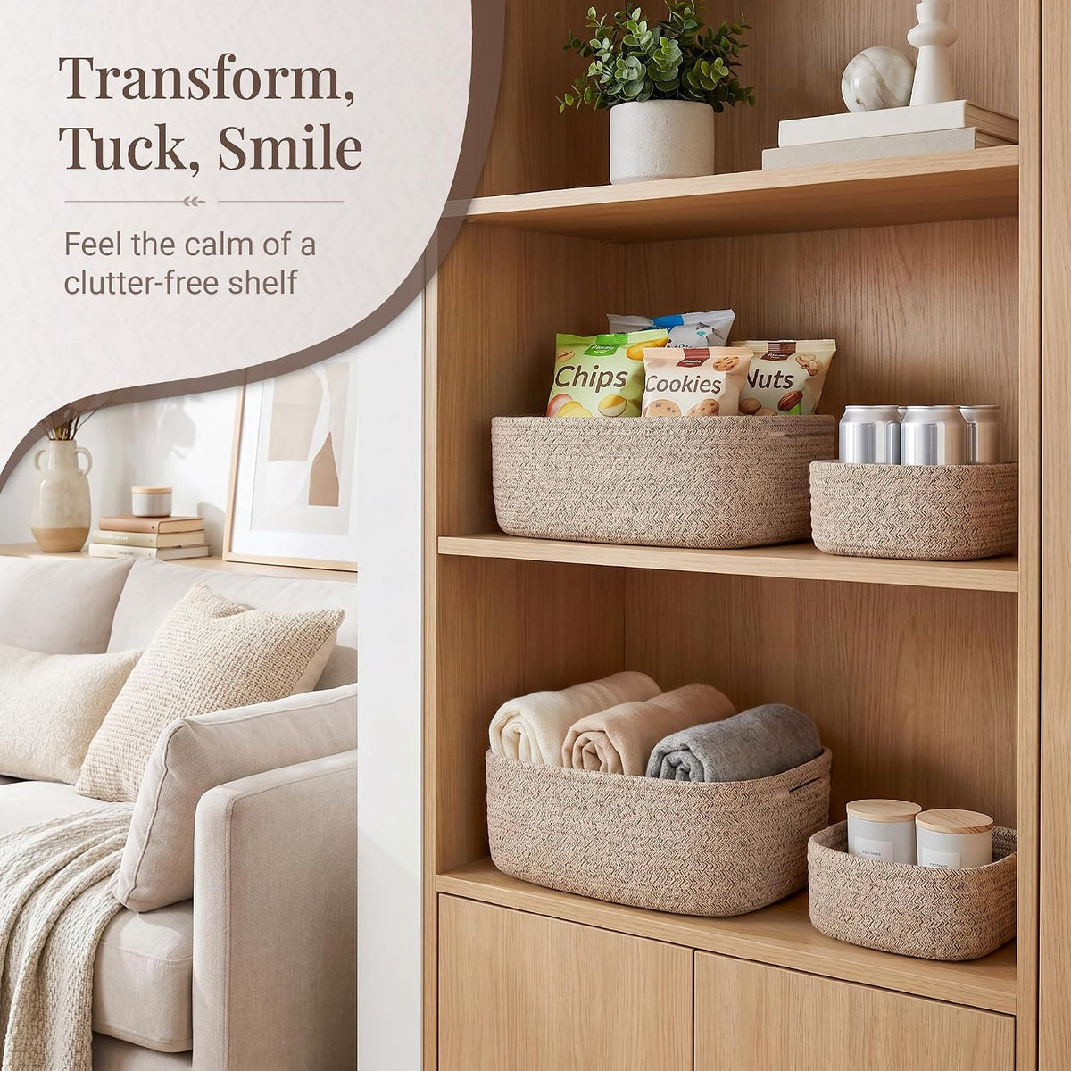 Storage Baskets for Shelves, 4 Pack, 2 Sizes Organizer Bins