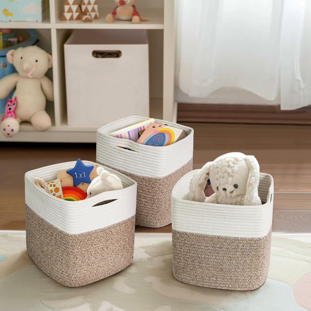 11x11 Cube Storage Bin - 3 Pack Woven Storage Cubes Organizer, 11 Inch Cotton Rope Baskets for Organizing, Square Baskets for Shelves, Baby Nursery Closet Bins, Cubby Toy Box Organizer