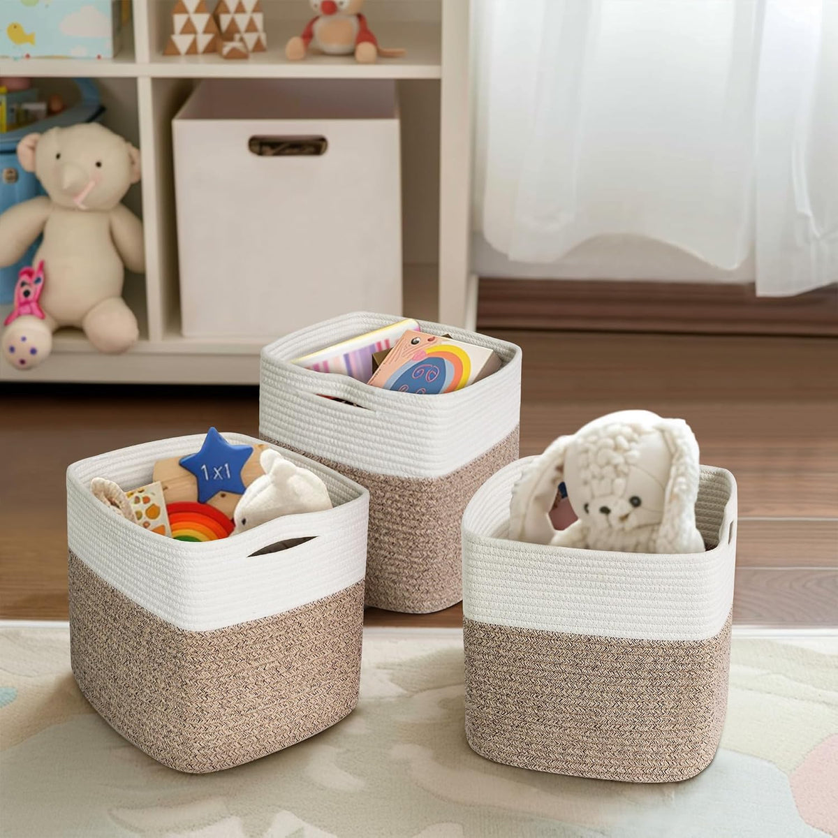 11x11 Cube Storage Bin - 3 Pack Woven Storage Cubes Organizer, 11 Inch Cotton Rope Baskets for Organizing, Square Baskets for Shelves, Baby Nursery Closet Bins, Cubby Toy Box Organizer