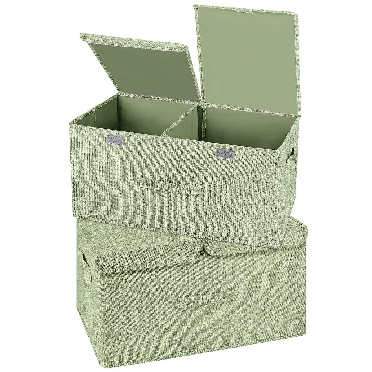 2 Pack Large Linen Fabric Collapsible Storage Bins with Lid and Handles, Washable Storage Box Baskets Cube with Removable Divider for Bedroom,Closet,Office,Living Room,Nursery (Black, Large)