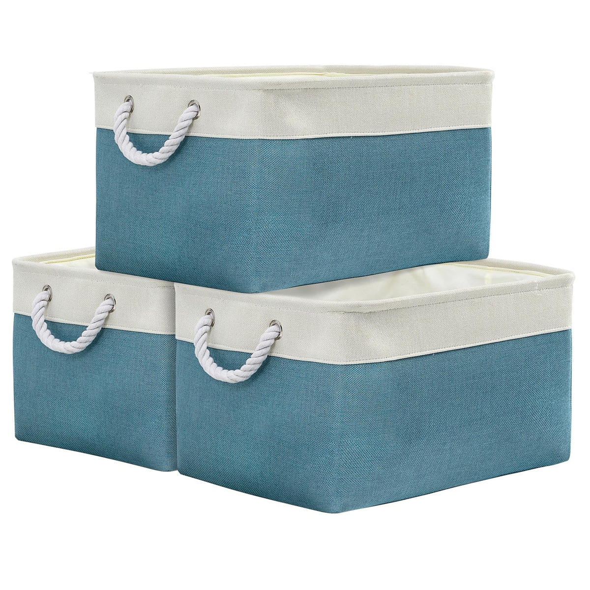TheWarmHome Storage Basket for Organizing - Medium 3 Pack 14x10x7 inch Fabric Storage Cubes for Shelves with Rope, Collapsible Storage Bin for Organizer Closet Cloth Gift Toy (White & Jean Blue)