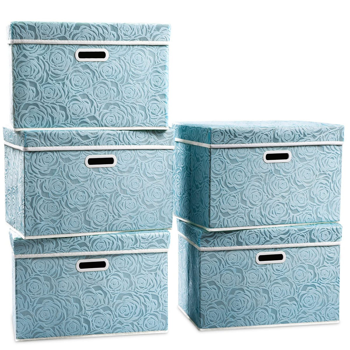 PRANDOM Larger Collapsible Storage Cubes with Lids Fabric Decorative Storage Bins Boxes Organizer Containers Baskets with Cover Handles for Bedroom Closet Living Room Blue 17.7x11.8x11.8 Inch 3 Pack