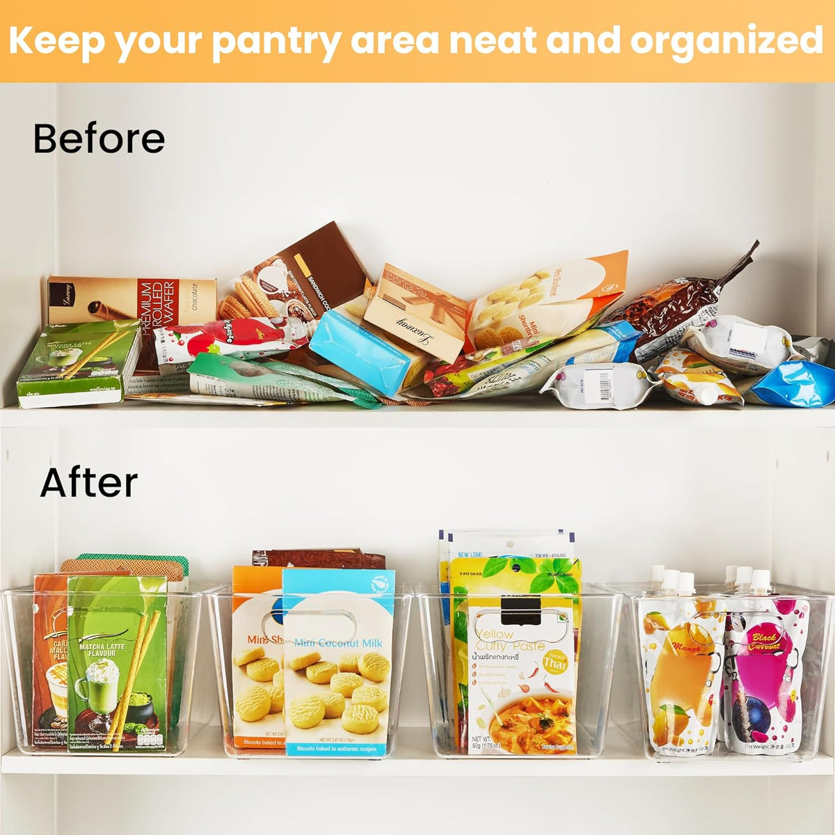 YIHONG 6 Pack Clear Storage Bins, Pantry Organizer Bins with Handle, Large