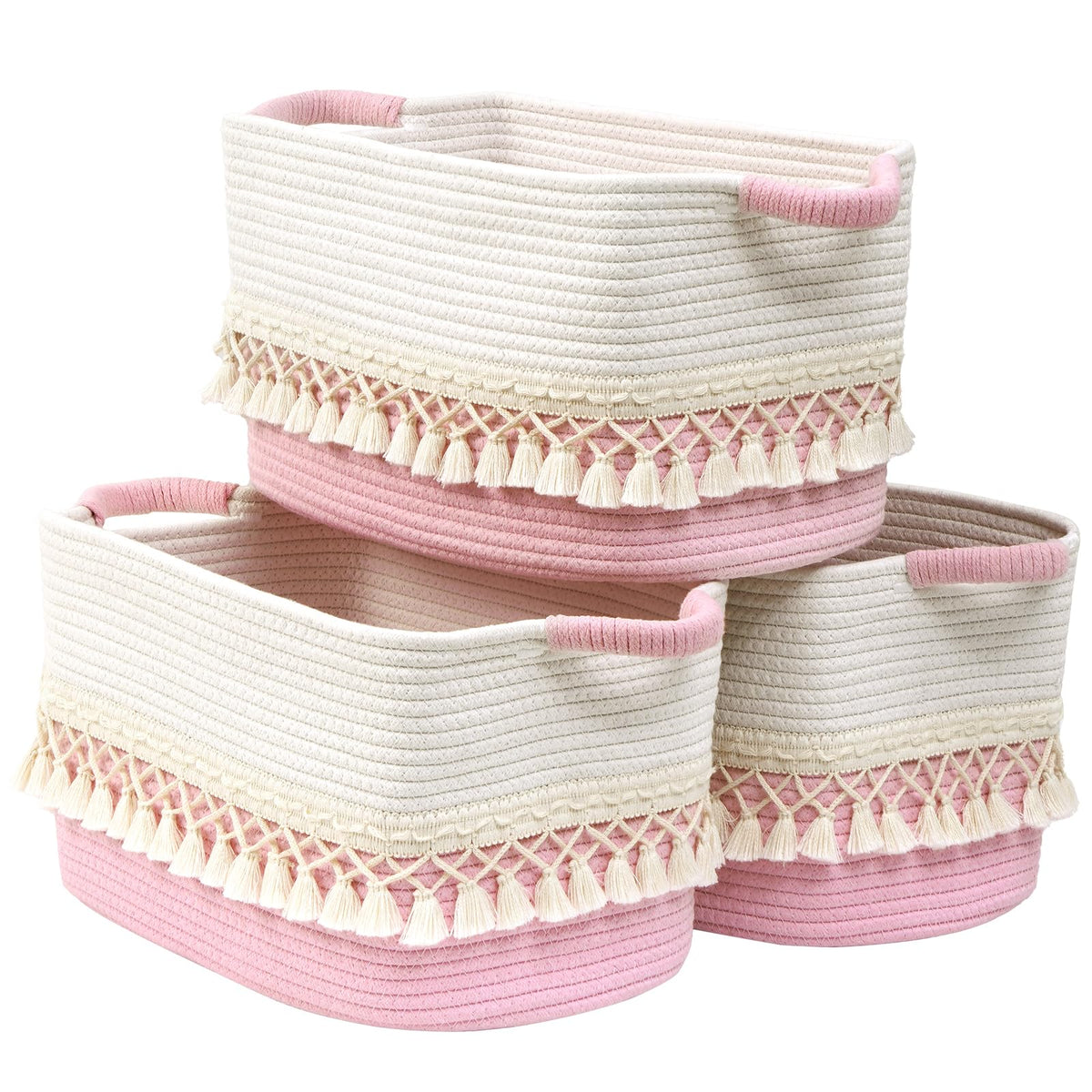 2 Pack Storage Basket for Shelves, Boho Cotton Rope Storage Bins with Heavy Tassel, Shelf Baskets Large Woven Baskets for Organizing, Cube Organizer Bins, Baby Laundry Basket for Clothes, Toys, Pets